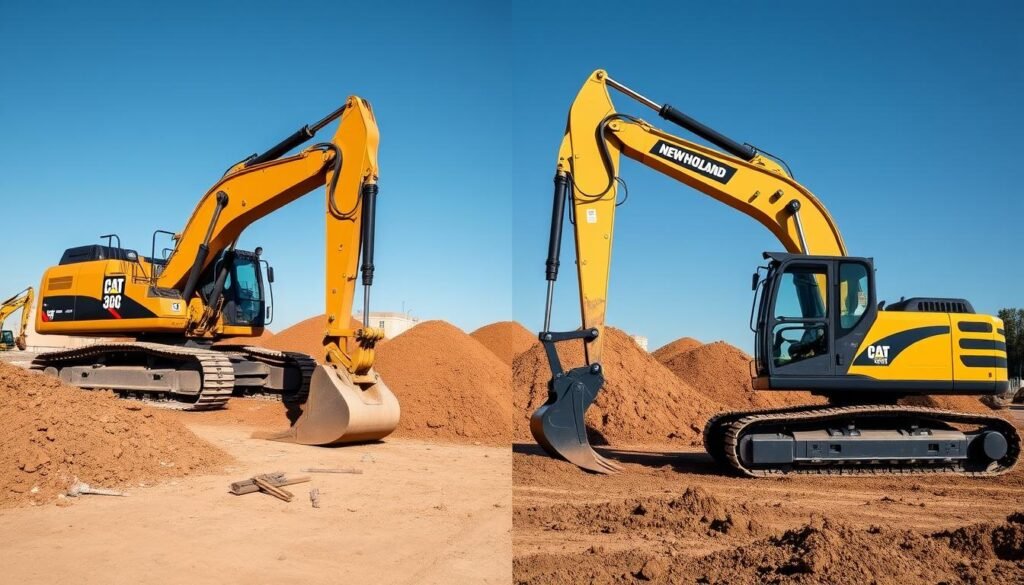 comparação entre caterpillar 320 gc e new holland e215c-evo